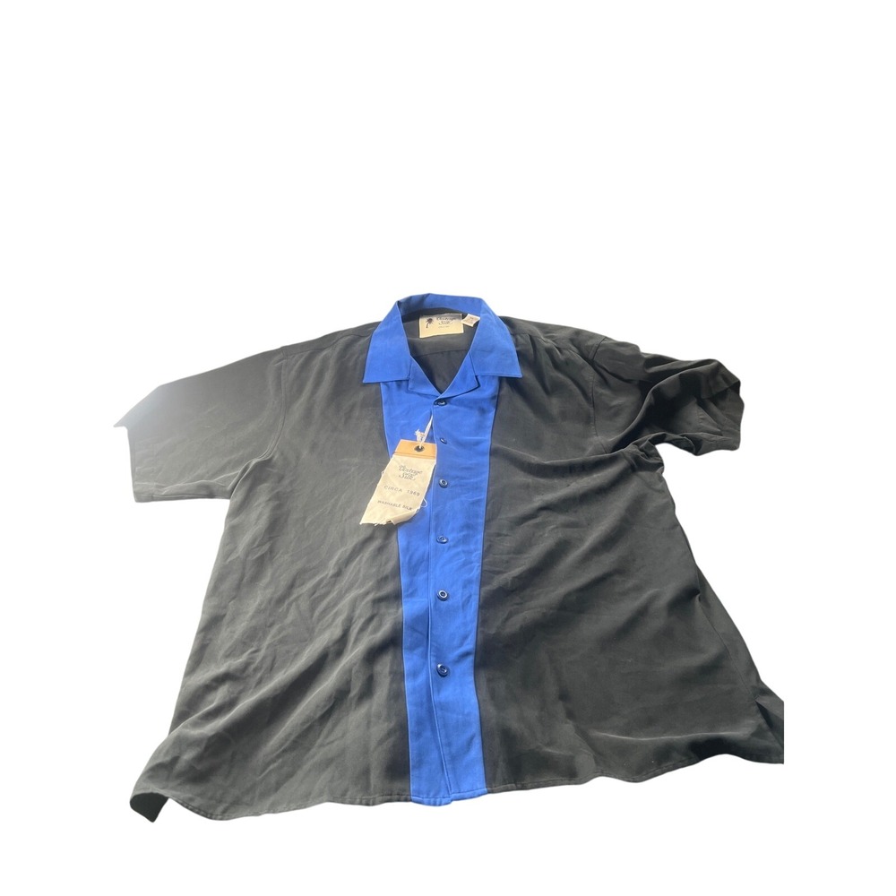Vintage Silk Circa 1969‎ Black Blue Short Sleeve Button Up Shirt Men's XXL